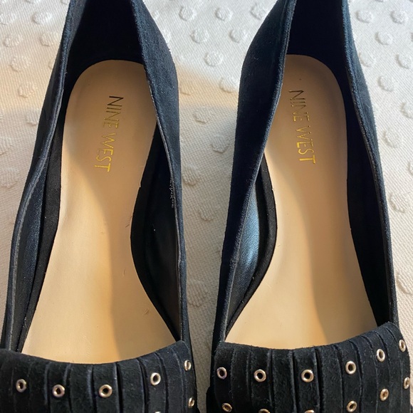 NINE WEST Black Suede Kiltie with Studs Block Mid Heel Slip-On Loafer - Picture 4 of 15